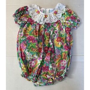 Vintage Baby 1980s  Lace Bow Bubble Romper One Piece 6/9 MPink Blue Yellow